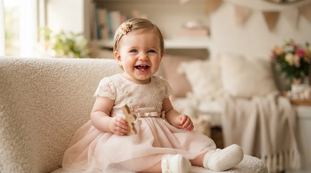 A smiling baby girl with short hair styled with a gentle hair accessory, wearing a beautiful party frock.