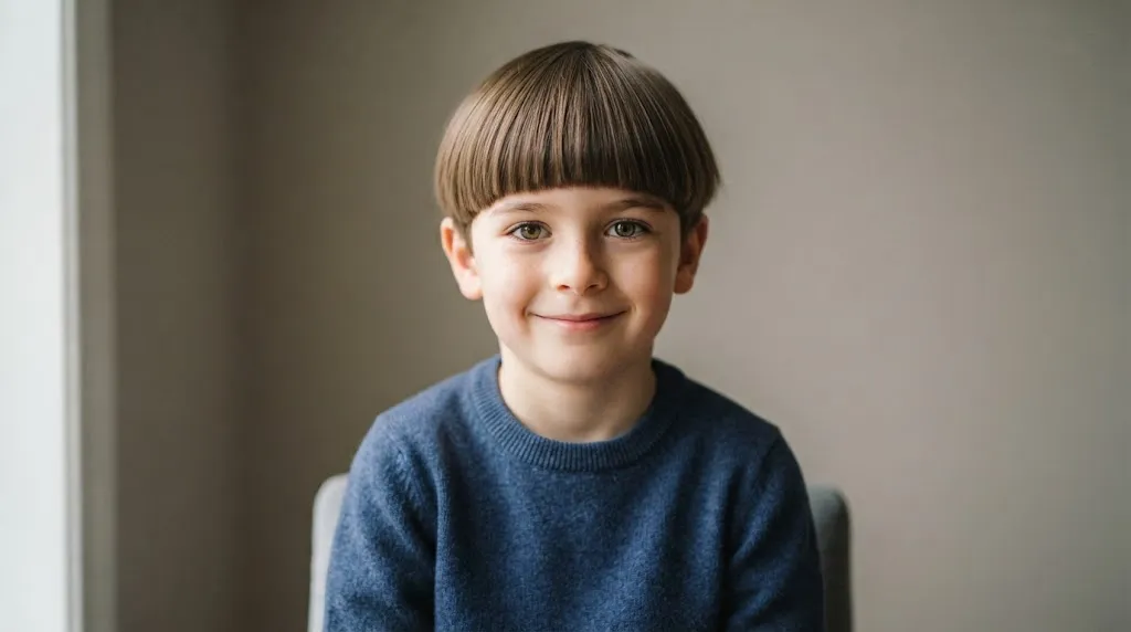 Young boy with a neat straight fringe cut hairstyle in natural soft lighting