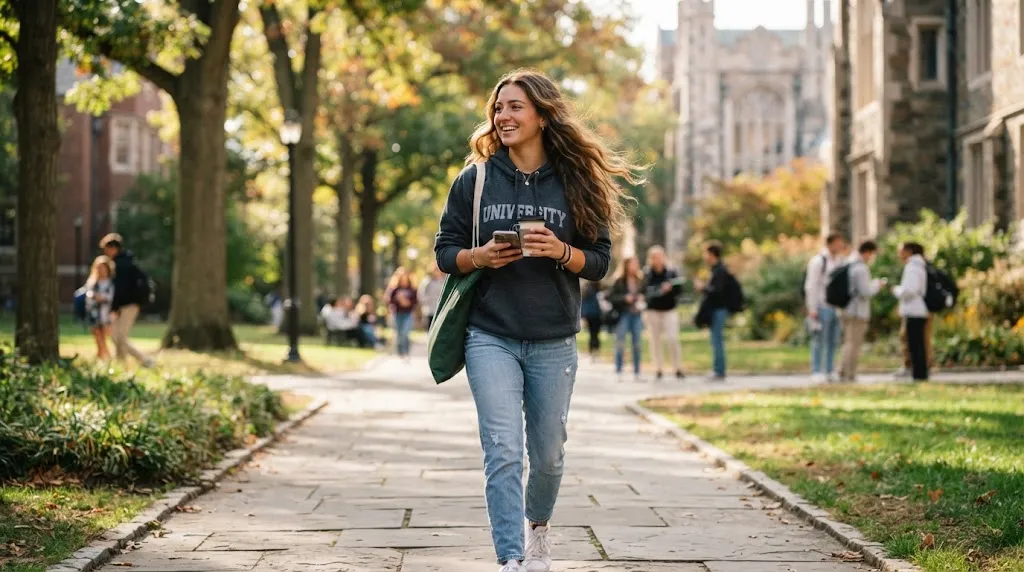 Young college student with effortless and trendy everyday open hair walking on a sunlit campus walkway