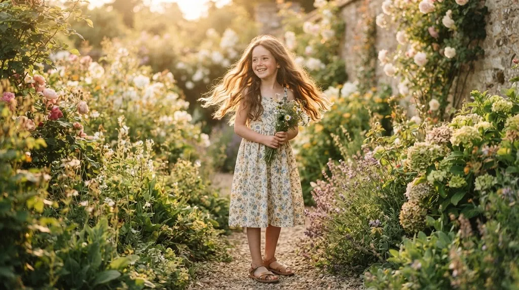 Cute long hairstyle for girls featuring natural flowing long hair with soft layers in a sunlit garden setting