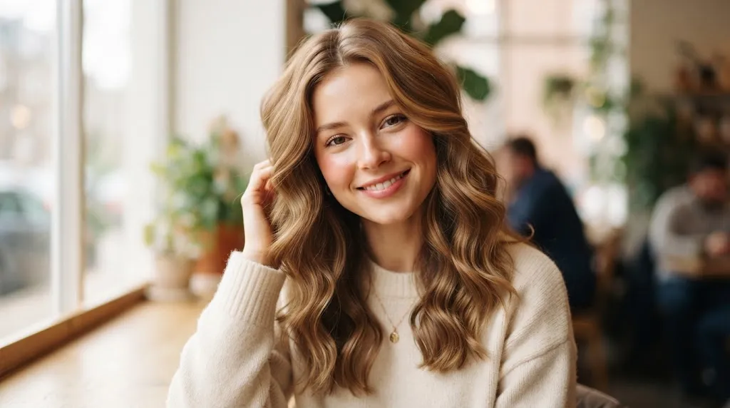 A young woman with a cute open hairstyle featuring soft natural waves and polished daily finish