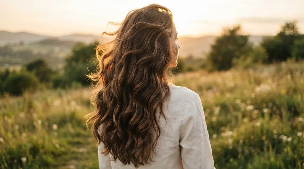 A woman with long, glossy wavy hair showcasing an effortless and trendy cute open hairstyle in golden hour lighting.