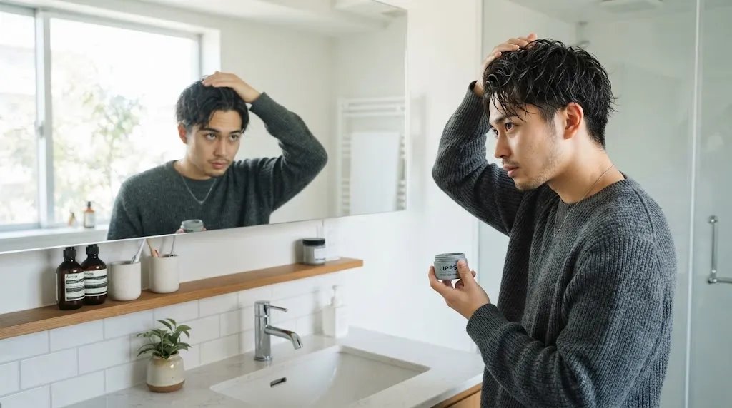 A young man with a modern Japanese textured haircut styling his hair with lightweight product for daily maintenance