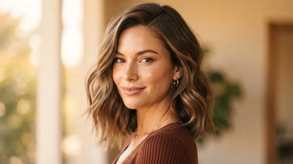 A woman with a flattering long bob and deep side part hairstyle that adds volume and elongates a round face shape