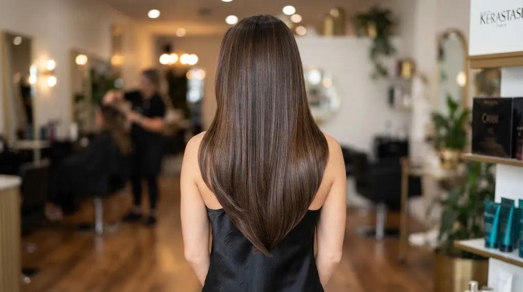 Back view comparison of a deep U-cut for long hair showing the dramatic curved hemline and tapered layers in a professional salon setting