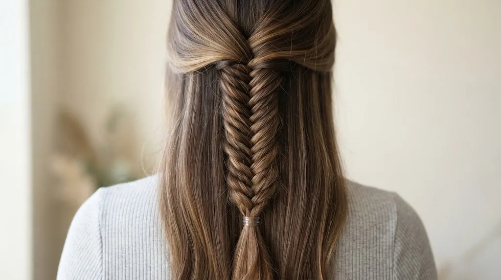 Close-up view of a neat and intricate fishtail braid on long hair for summer, showcasing texture and weave detail without text.