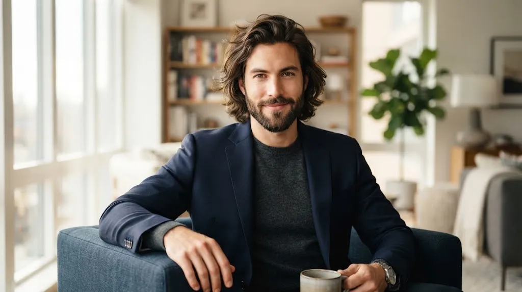 Man with diamond face shape showcasing textured long hair and a balanced full beard for facial harmony