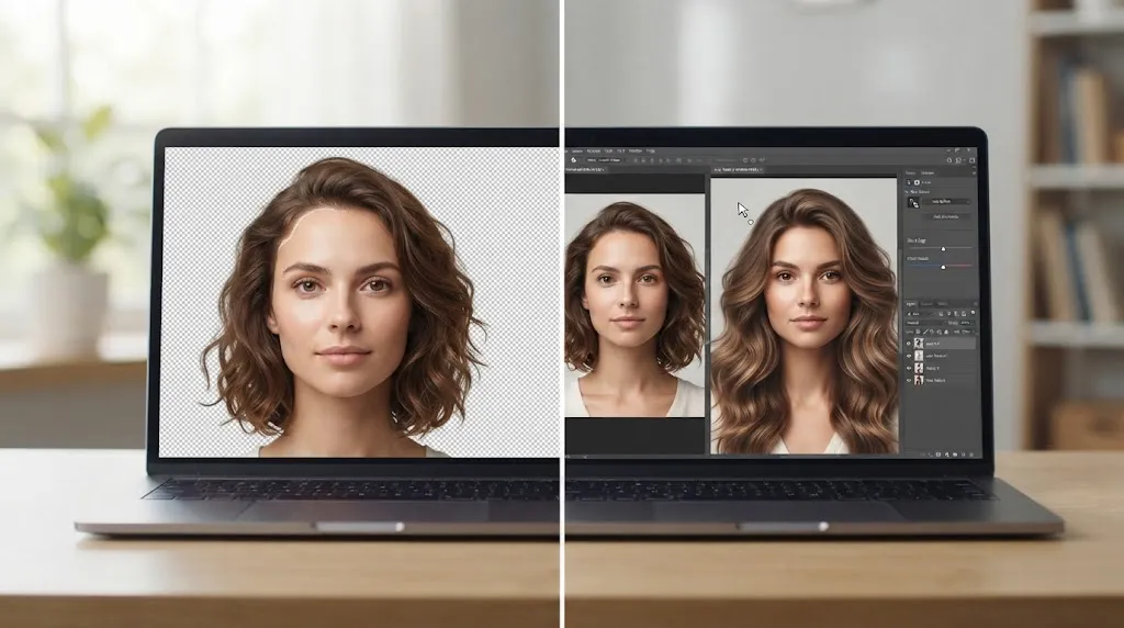 A split-screen view on a laptop showing digital hair editing software, where a woman's photo on the left has hair removed, and the same photo on the right shows a seamlessly blended new hairstyle.