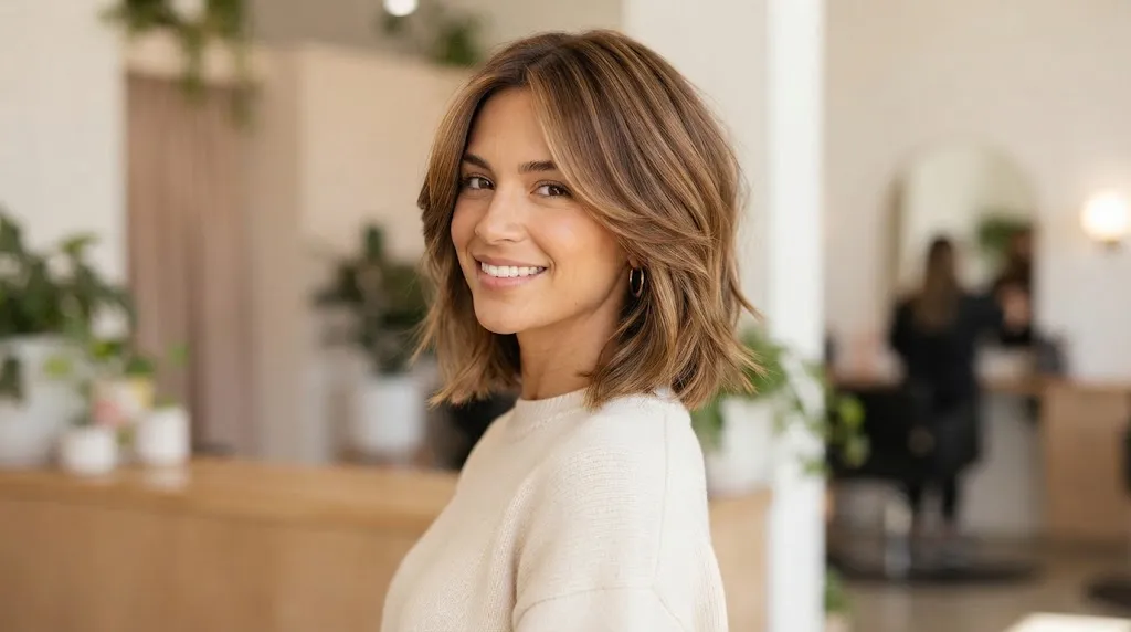 A stylish woman with a dimensional honey-brown layered bob haircut smiling in a bright salon.