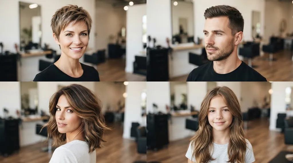 A collage of four portraits showcasing various hair cutting styles: a woman with a short pixie cut, a man with a neat crew cut, a woman with medium-length layered waves, and a young girl with long, naturally wavy hair, all set within a professional salon environment.