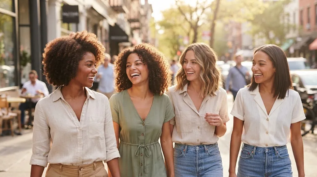 Four diverse women walking and laughing on a sunny city street, each showcasing a different easy-to-style "wash-and-go" haircut suitable for various hair textures (coily, curly, wavy, and straight).
