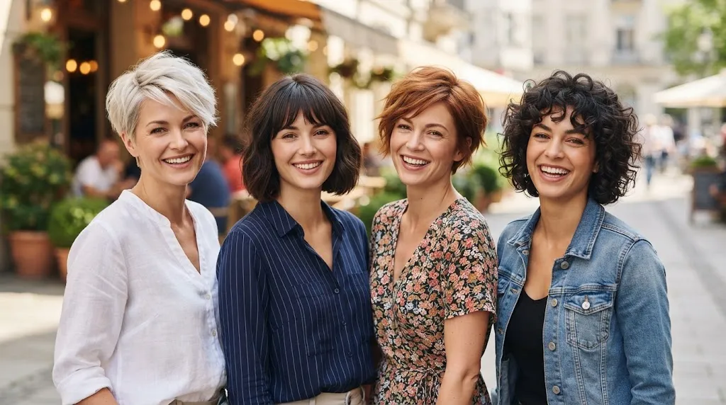 A group of four happy women outdoors, featuring a platinum blonde pixie cut, a dark brunette French bob, a coppery auburn bixie cut, and a dark curly short shag.