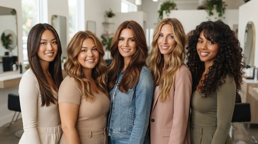 A group of five women with long U-cut hair in various textures (straight, wavy, curly) and face shapes (oval, round, square, long, heart) smiling in a salon.