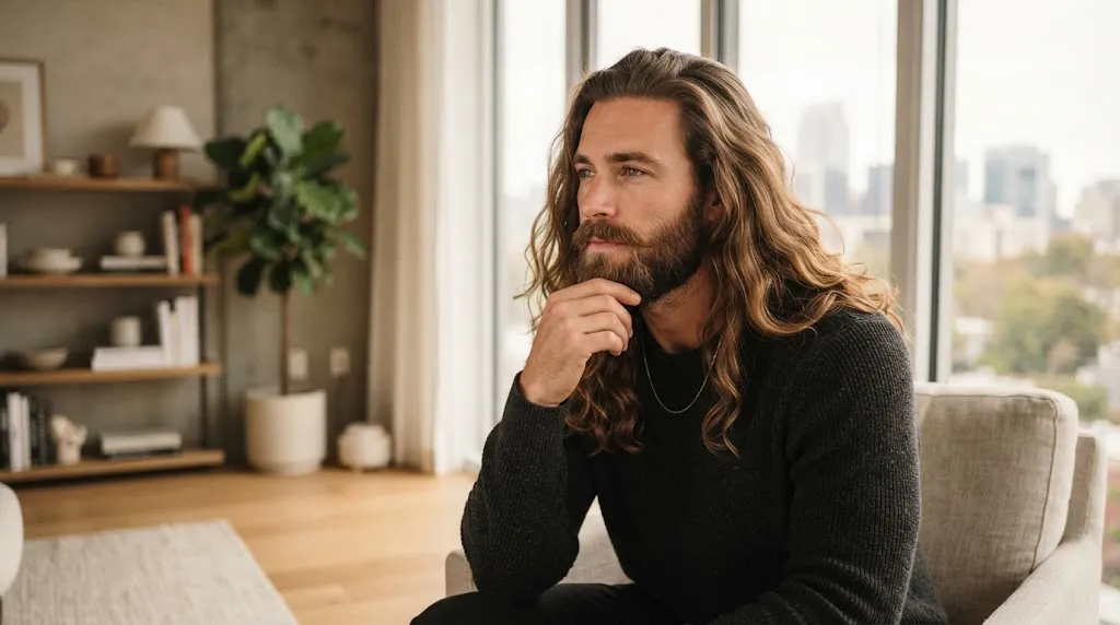 A stylish man with long flowing wavy hair and a full groomed beard looking youthful and confident in a modern setting