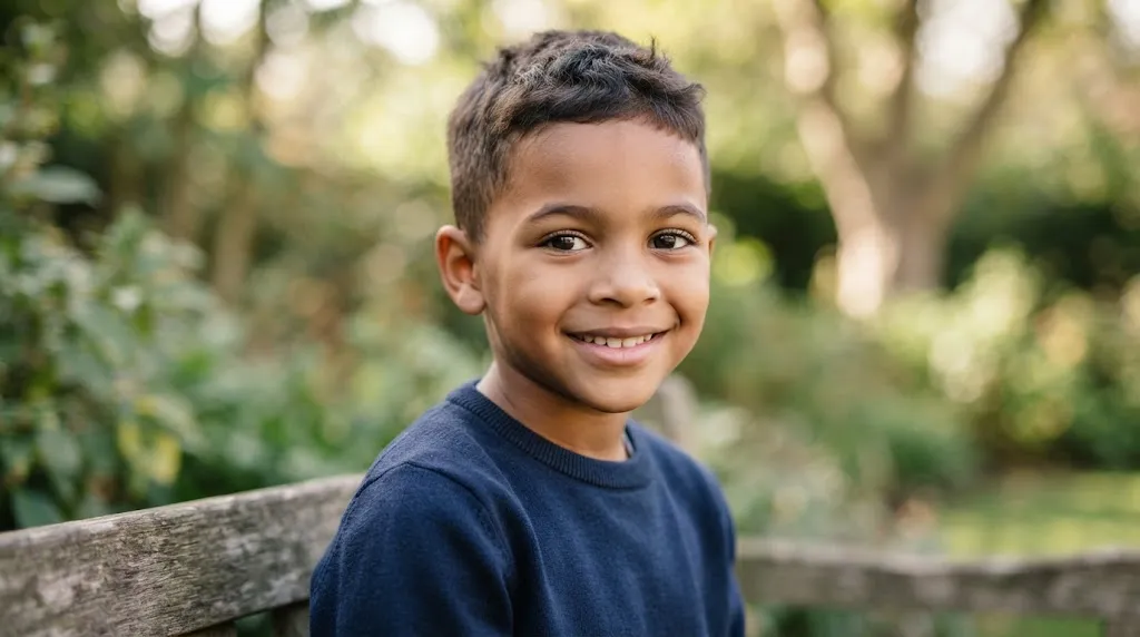 A young boy smiling with a low-maintenance short textured crop haircut and clean fade