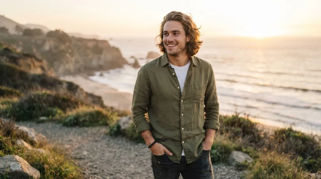 A stylish man with a natural, wind-swept effortless bro flow haircut and medium-length wavy hair