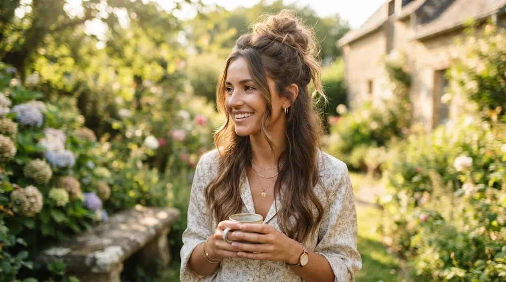 A stylish woman with long hair wearing a relaxed messy bun updo outdoors in soft summer sunlight