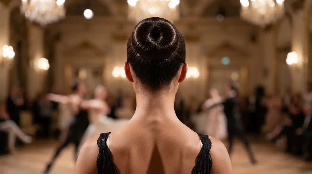 Rear view of a woman with a sleek, polished high ballerina bun hairstyle for a formal ball or wedding