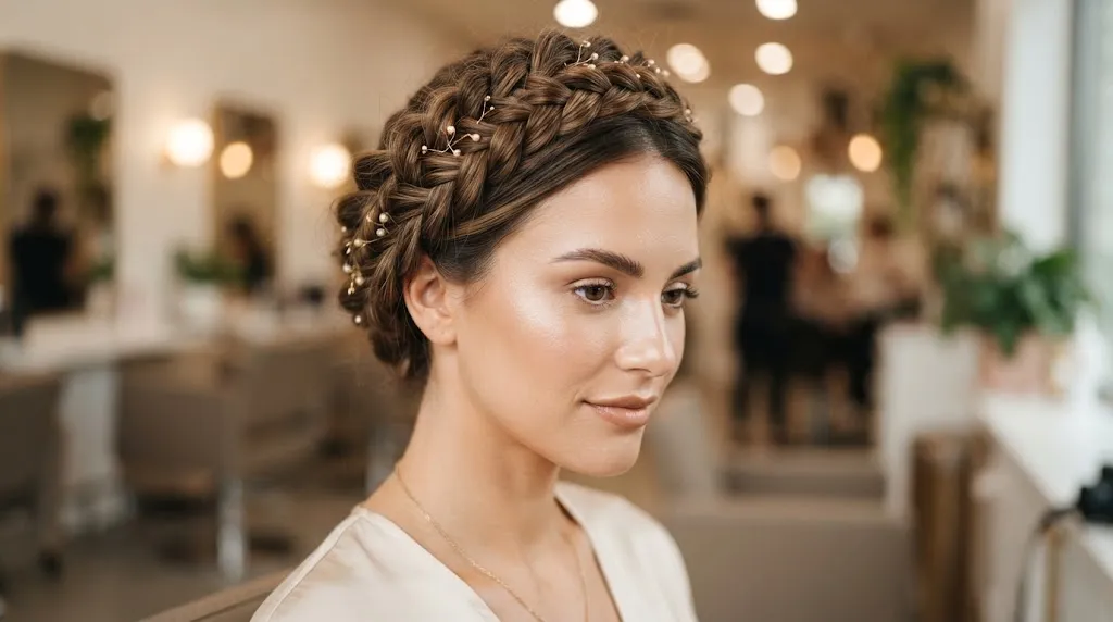 A close-up view of a woman wearing an intricate braided crown halo braid hairstyle with a soft, elegant finish.