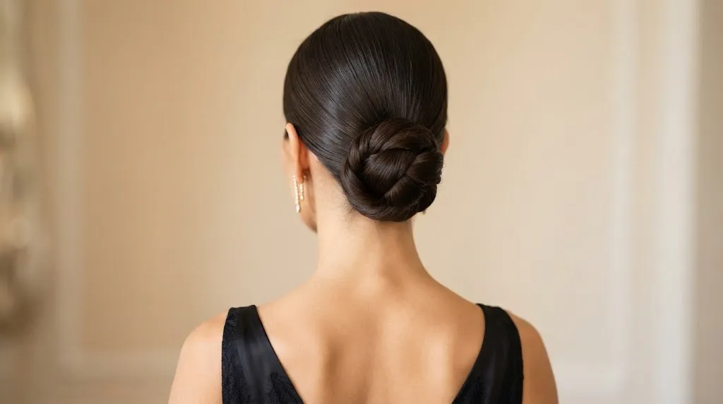 A back view of a sophisticated woman with a sleek, nape-hugging classic chignon hairstyle for a formal evening event.