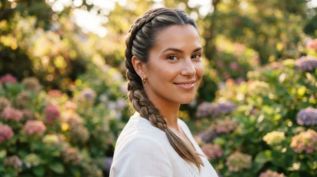 Close-up view of a woman with a polished and sophisticated French braid hairstyle outdoors.