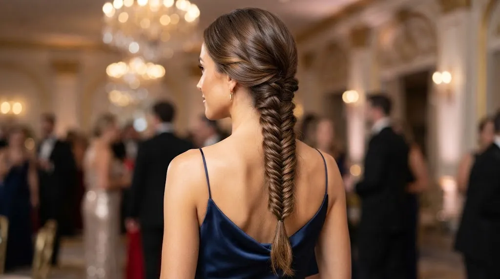A close-up back view of a woman with a polished and intricate fishtail braid hairstyle at a formal evening gala event.