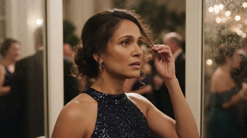 A woman checking her formal updo hairstyle affected by humidity and frizz at an evening event
