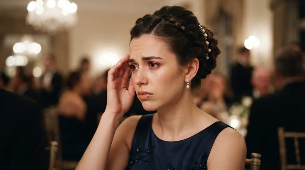 A close-up view of a woman with an elegant formal updo experiencing a tight-style headache and scalp discomfort.
