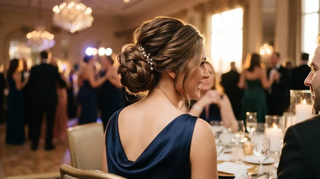 A woman with a beautiful structured low chignon hairstyle looking pristine and secure during a formal evening event or wedding reception