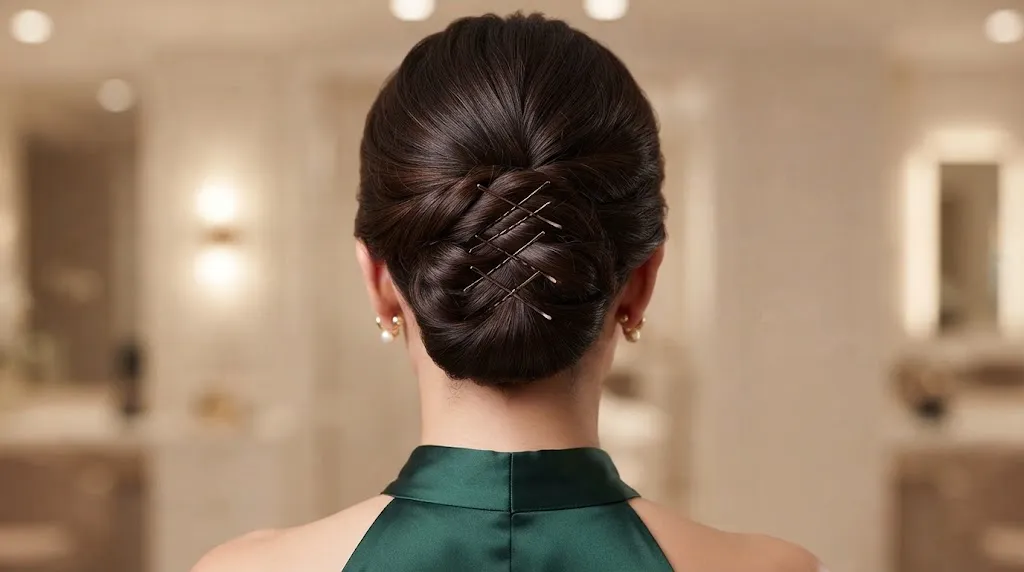 A close-up view of the back of a woman's dark, elegant formal chignon updo, clearly showing multiple bobby pins crisscrossed in an X-formation to anchor the heavy structure at the nape of the neck.