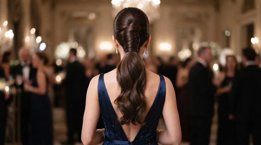 Back view of a woman with a sophisticated French twist ponytail hairstyle featuring a sleek rolled upper section and a cascading ponytail