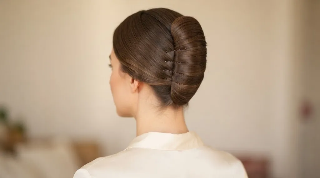 Back view of a sophisticated French twist hairstyle showing a polished vertical roll and secure pin placement for formal events