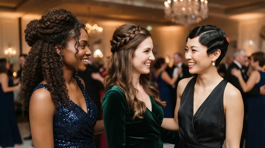 Three women with elegant formal hairstyles including textured curls, a braided half-up style, and sleek waves at a ball event