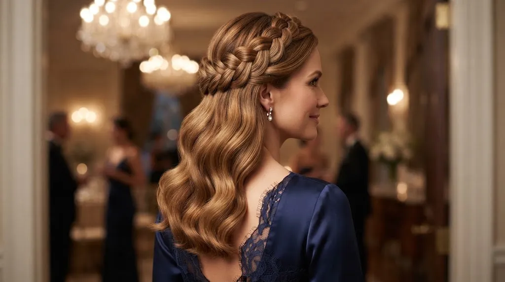 A woman with medium-length caramel-brown hair in an elegant half-up structured crown braid and soft waves, seen from the back in a formal ballroom setting.
