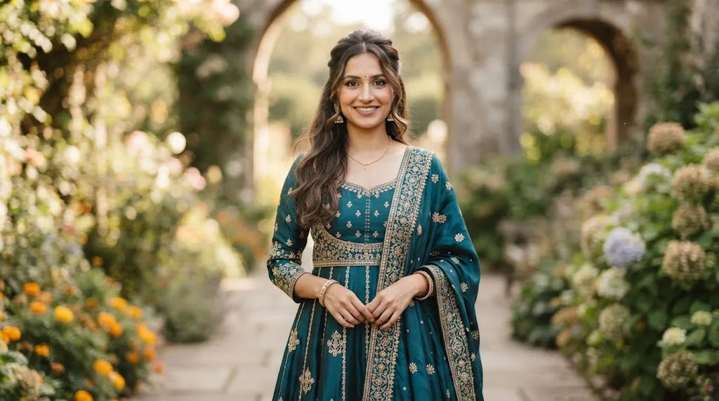 Indian woman wearing an elegant Anarkali dress showcasing a beautiful half-up half-down hairstyle with soft face-framing waves