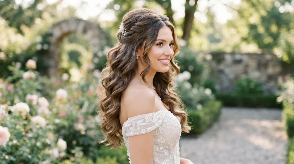 A woman with long brown hair styled in soft, romantic half-up half-down curls cascading over her shoulders.
