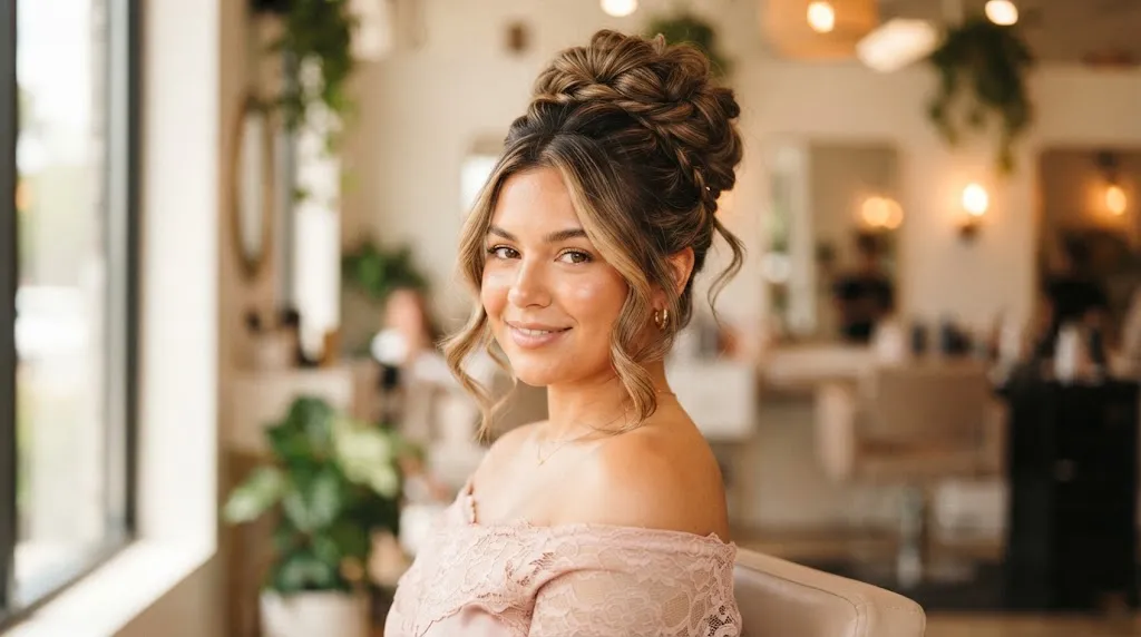 Elegant high textured chignon updo hairstyle with soft face framing tendrils on a woman with a round face