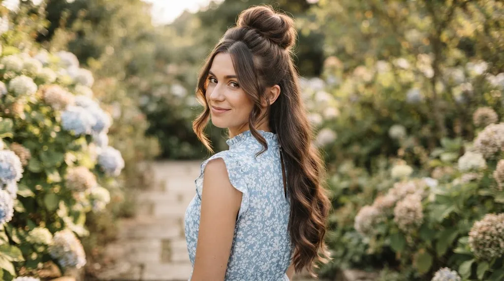 A woman with very long, wavy brown hair styled in a high top-knot bun and cascading waves, complementing a light blue floral frock in a garden setting.