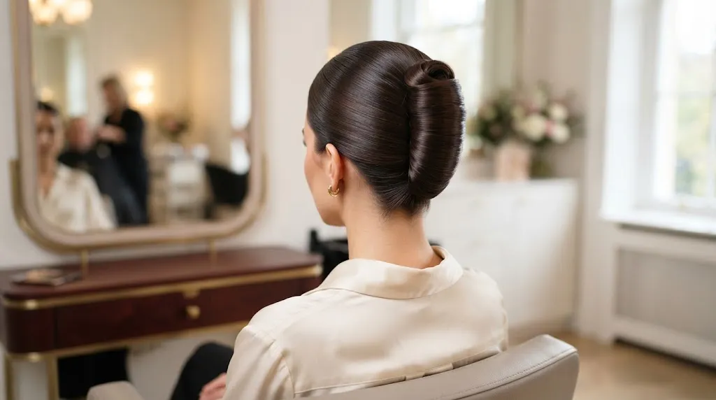 A professional back view of an elegant Italian bun hairstyle with a smooth cylindrical roll on long hair for summer.