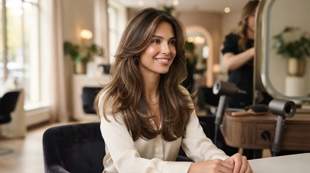 A woman with long hair featuring soft, bouncy feathered layers and natural movement