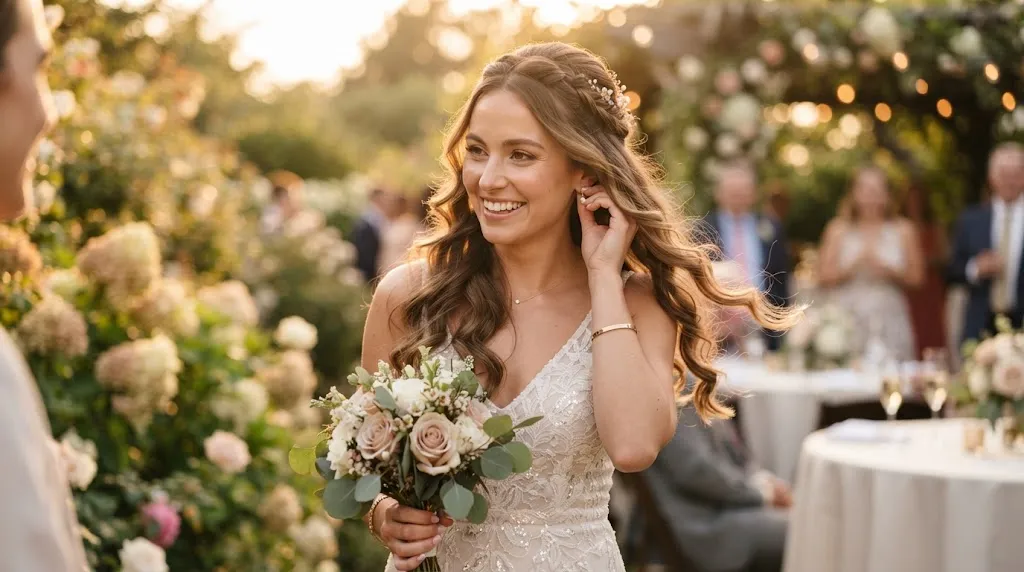 A woman with gorgeous, flowing long hair styled for a formal occasion and celebration