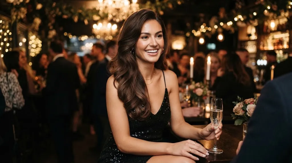 A young woman with long hair styled in soft party waves and a deep side part for a special event