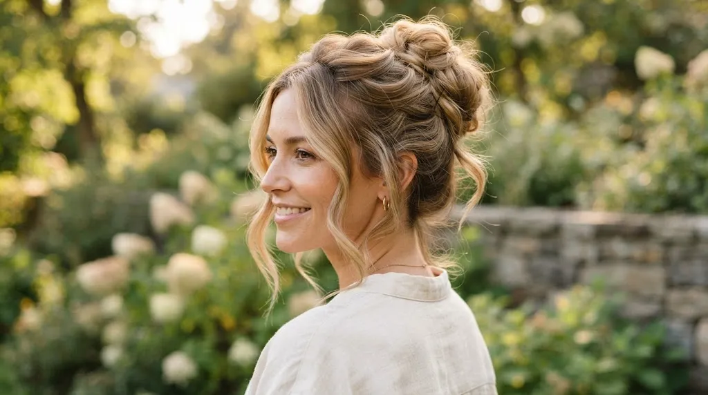 A woman wearing a soft, casual loose bun hairstyle with gentle face-framing strands for medium to long hair