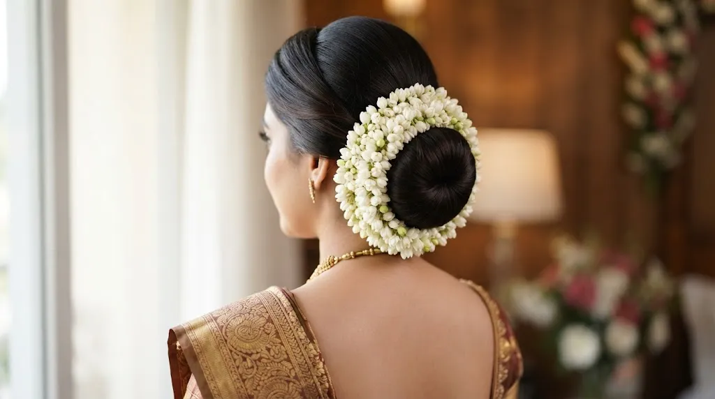 Traditional Indian low hair bun decorated with fresh white jasmine gajra flowers for saree and festive occasions