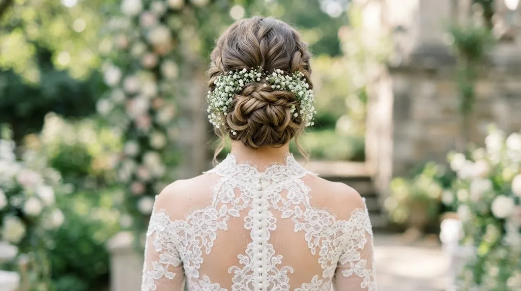 A bride with an elegant low textured chignon bun adorned with baby's breath flowers, styled for a long wedding frock.