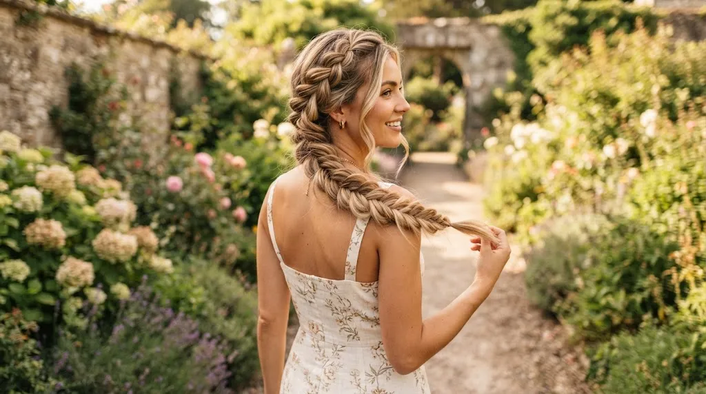 A woman with long hair wearing an elegant side braid hairstyle outdoors in summer sunlight
