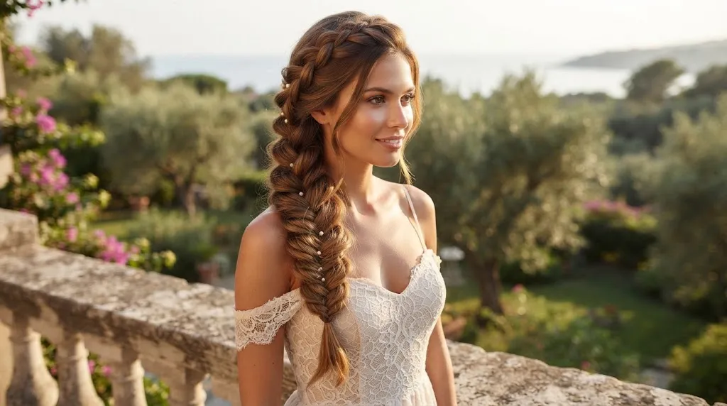 A woman with a long, intricate side-swept mermaid braid wearing a lace frock on a balcony overlooking a garden.