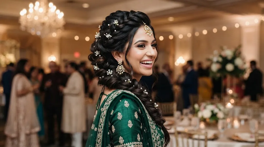 A smiling South Asian woman with an intricate, floral-adorned braided updo hairstyle at an evening wedding party.