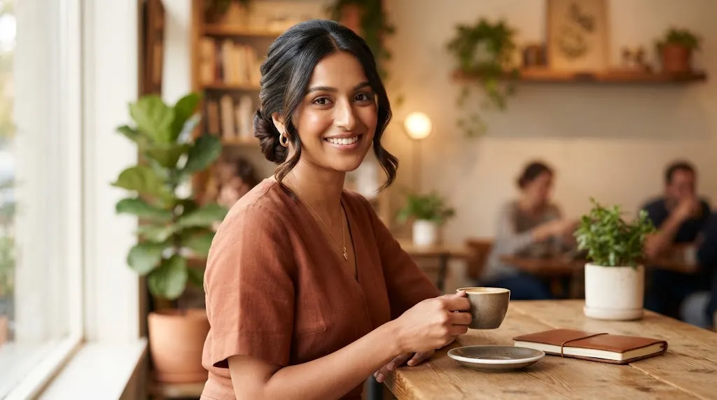 A realistic photograph of a South Asian woman showcasing a neat and polished twist-back chignon hairstyle with soft face-framing strands.