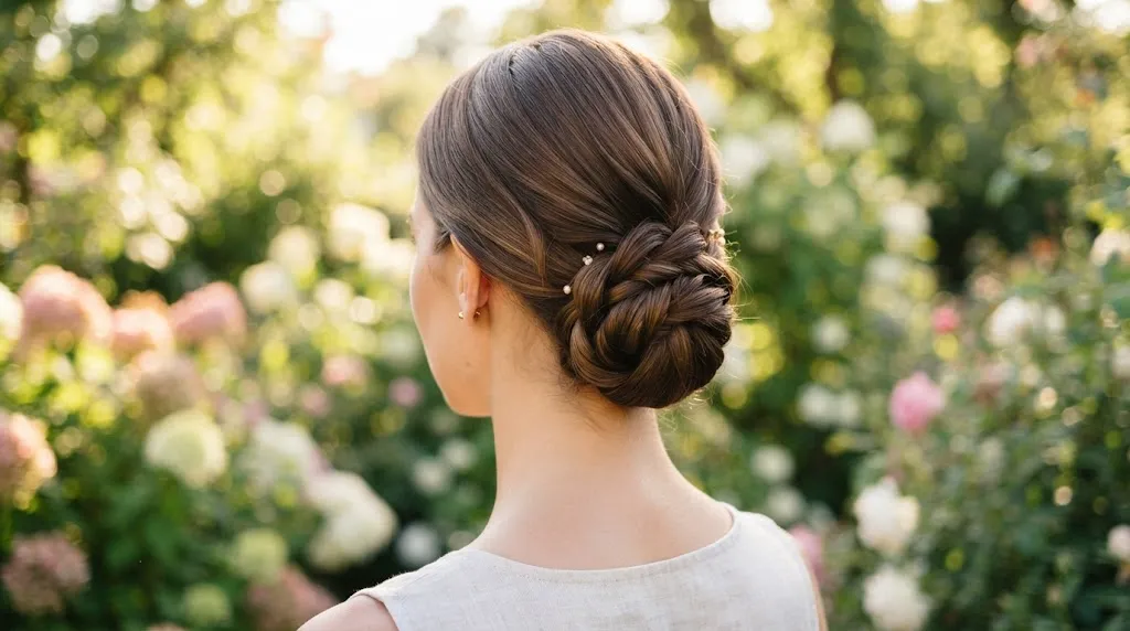 A close-up view of a woman with long hair styled into a neat and secure twisted low bun, perfect for beating the summer heat.